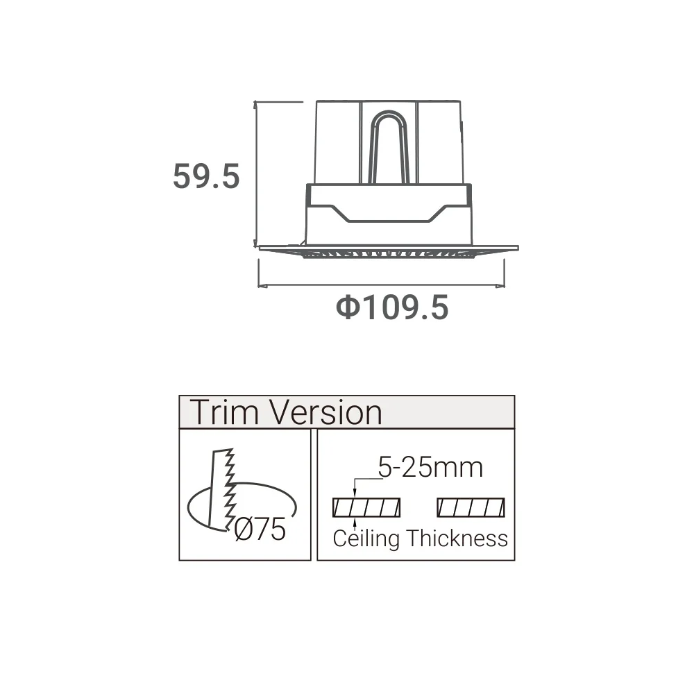 Orbis UVB-ML002M — Ø109.5×H59.5 мм, монтажное отверстие Ø75 мм, потолок 5–25 мм